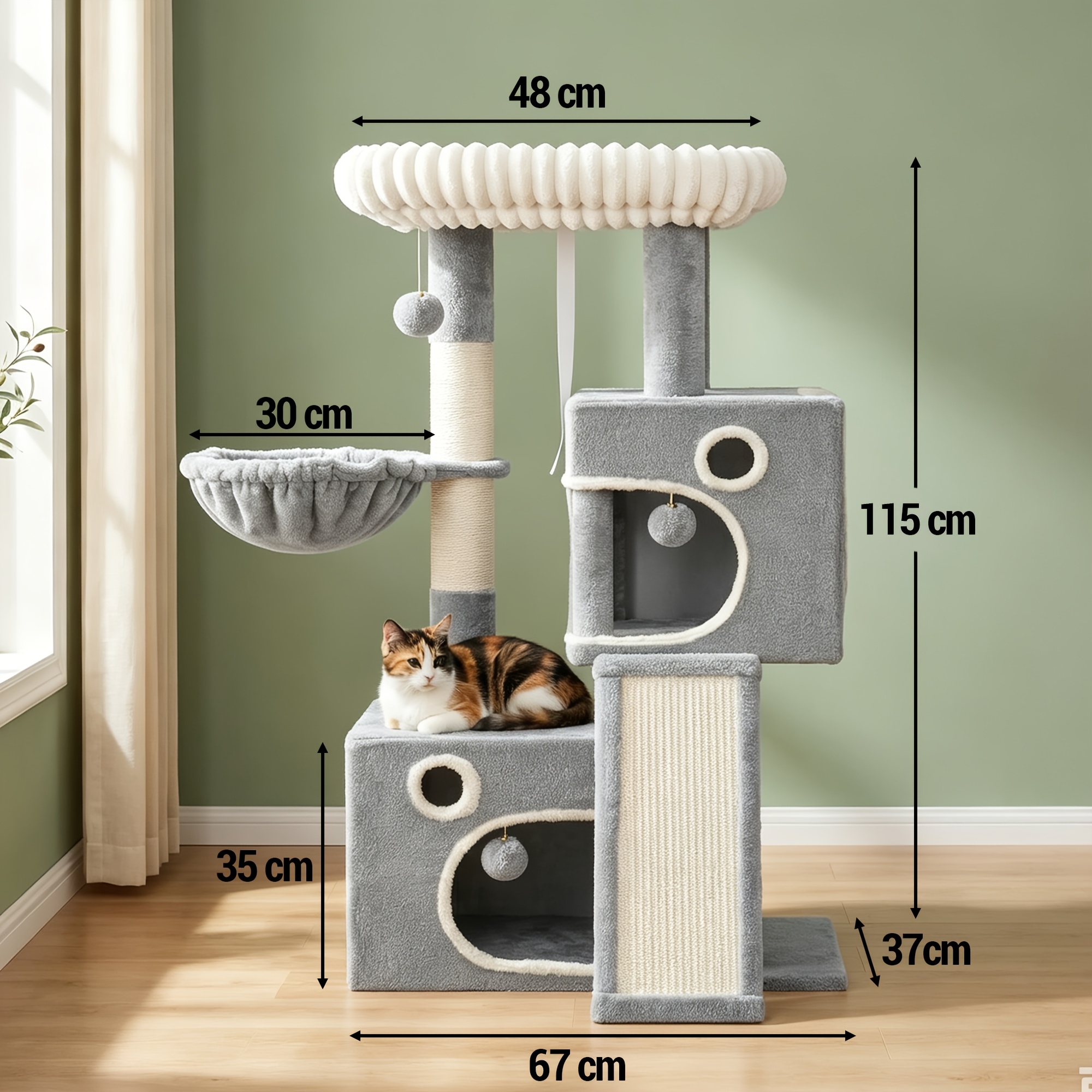Image of Small Cat Scratching Post, 115cm Four-layer Cat Tree, Wide And Stable, Equipped With Platform, Cartoon Plush Ball, , Wear-resistant Scratching Post, Leisure Cat Scratching Board, Dark Grey