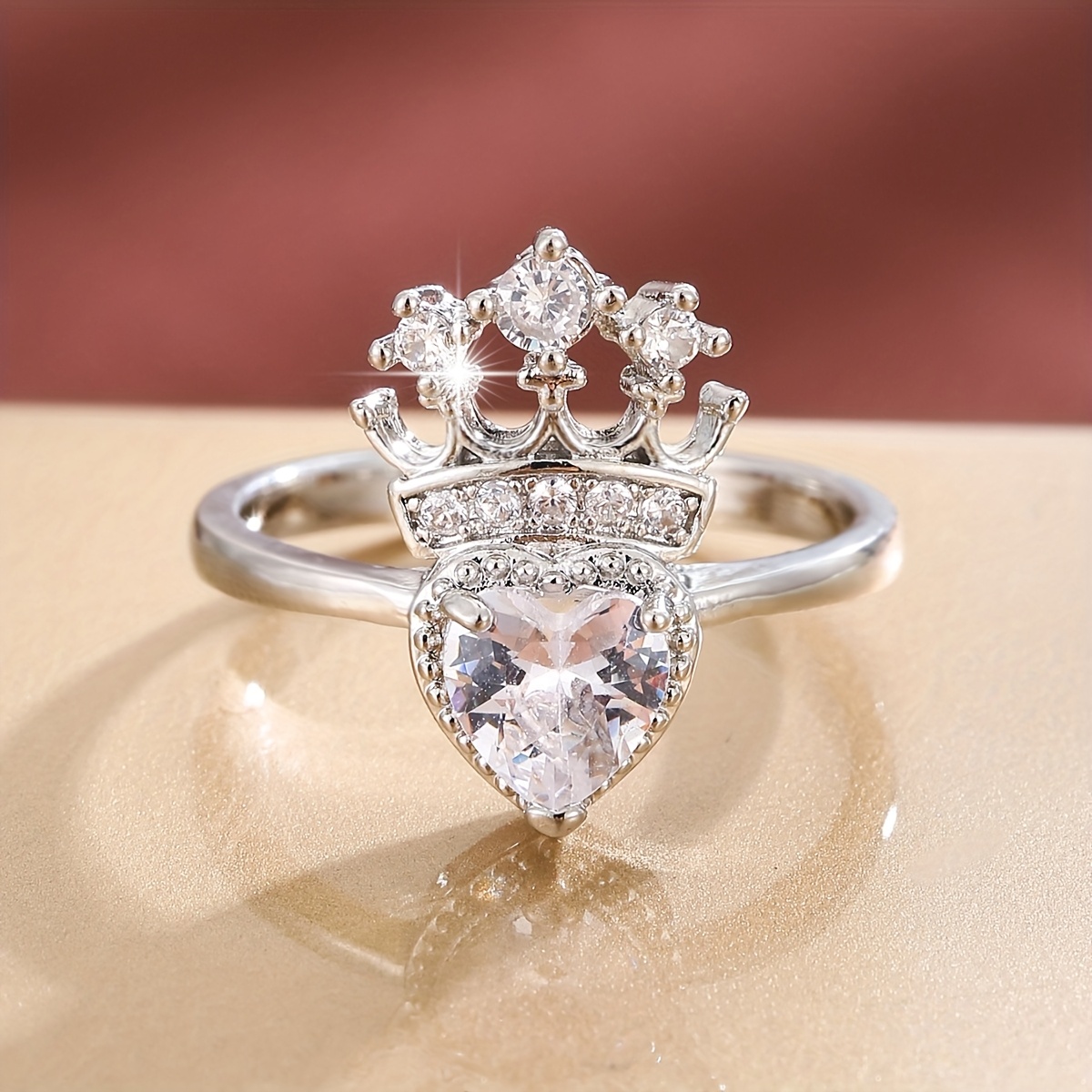Women's Heart Crown Design Zirconia Ring, Elegant Gift