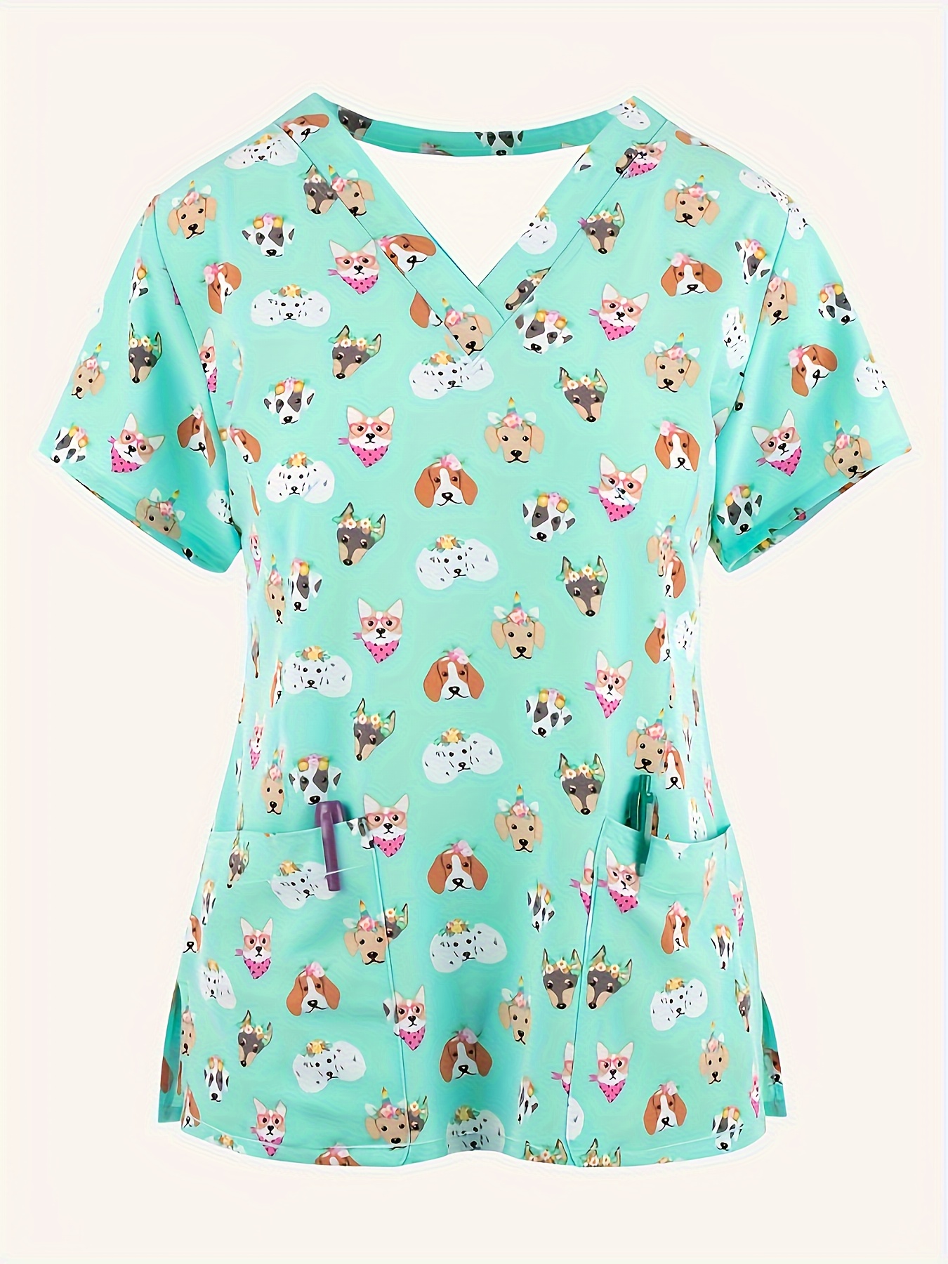 Köpek Yavrusu Desenli Kısa Kollu Yırtmaçlı T-shirt, Hemşireler İçin Rahat Fonksiyonel Yama Cebi V Yaka Sağlık Kıyafeti, Kadın Giyim