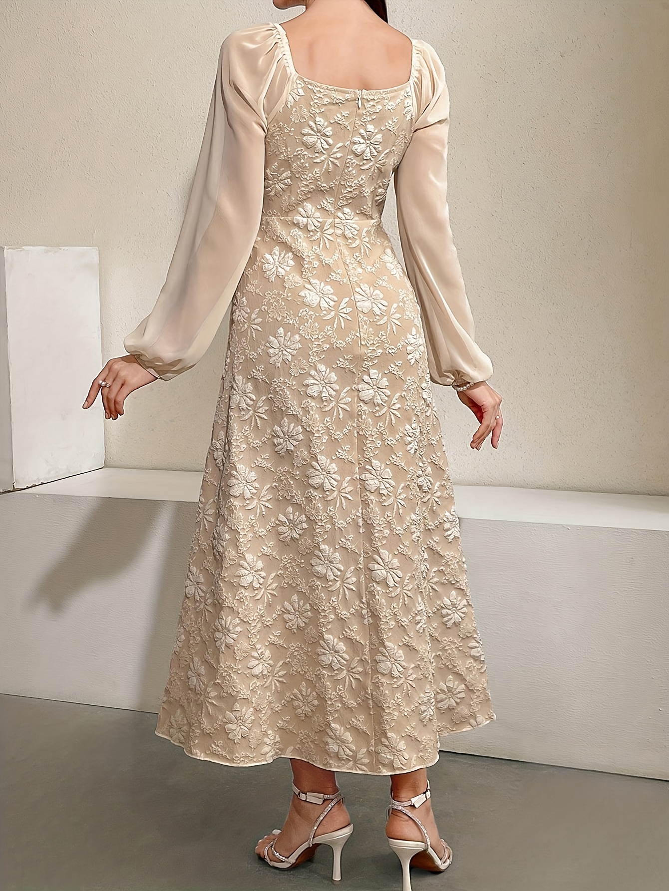 floral textured a line dress lantern sleeves stylish square - Temu