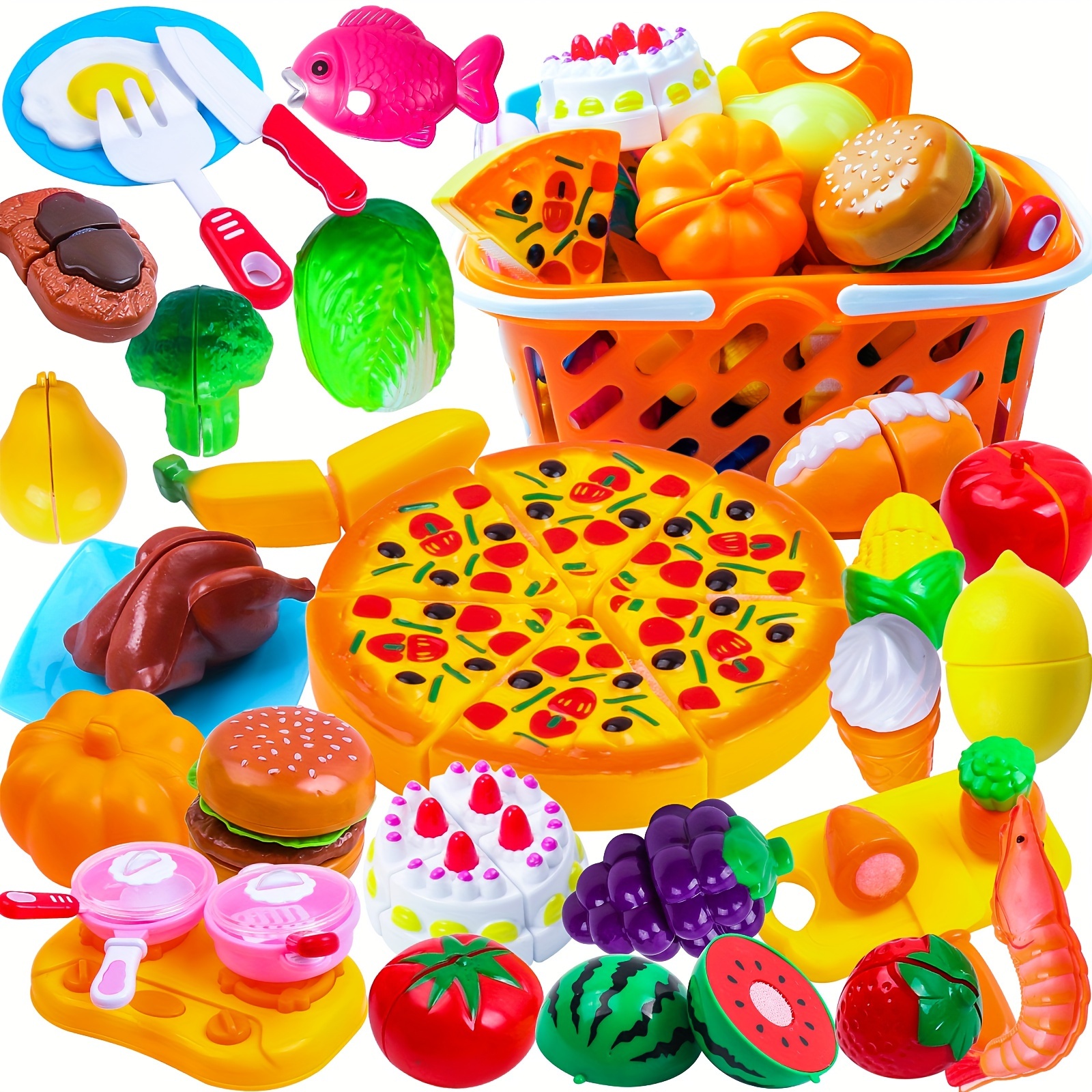 

66pcs Pretend Role Play Food Toy Set, Kids Cutting Fruit And Food Toy Set With Basket, Colourful Play Food Plastic Toy, Early Educational Take Apart And Assemble Toy For Boys And Girls Aged 3+