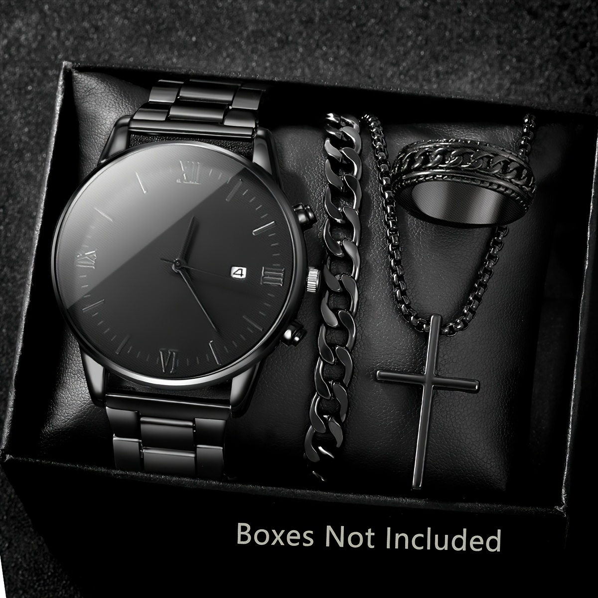 Conjunto de Reloj de Cuarzo para Hombre de Moda con Función de Calendario - Caja y Pulsera de Aleación de Zinc Negra, Esfera Redonda, Accionamiento Electrónico y Pantalla de Punteros, Incluye Collar con Colgante de Cruz y Anillo Regalo de Cumpleaños Ideal para Él