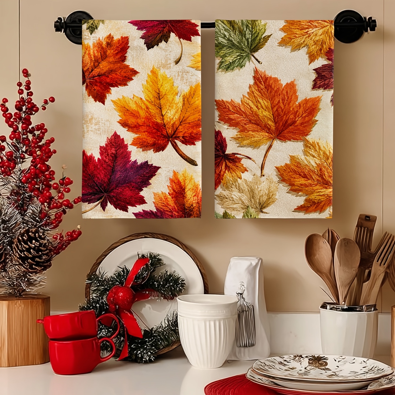 TEMU 2pcs Hand Towels Printed With Vintage Colorful Maple Leaf Patterns Suitable For Kitchens And Bathrooms. Are Practical Decorative Towels For Home