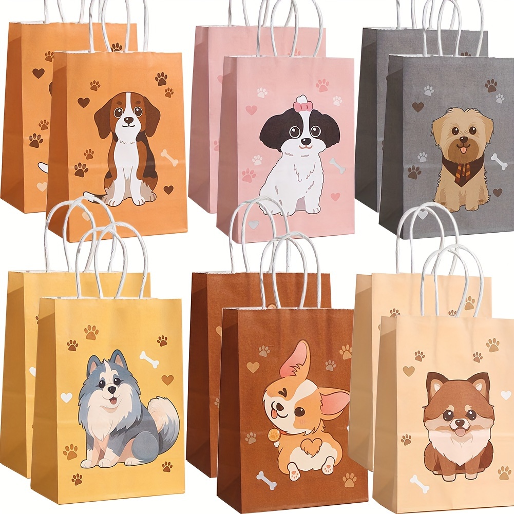 

24 Pack Dog-themed Paper Tote Bags With Handles, Assorted Puppy Print Goodie Bags For Party Favors And Pet Treats