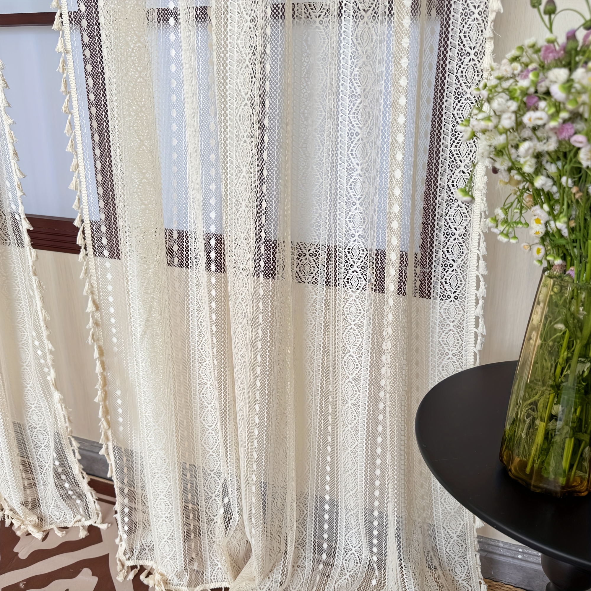 Image of 2pcs, Bohemian Style Sheer Curtain With Lace Trim, Top Double-end Rod Pocket, Multi-hang Options, Beige Lace And Beige Bohemian Fabric Fully Match, , Suitable For , Multiple Sizes