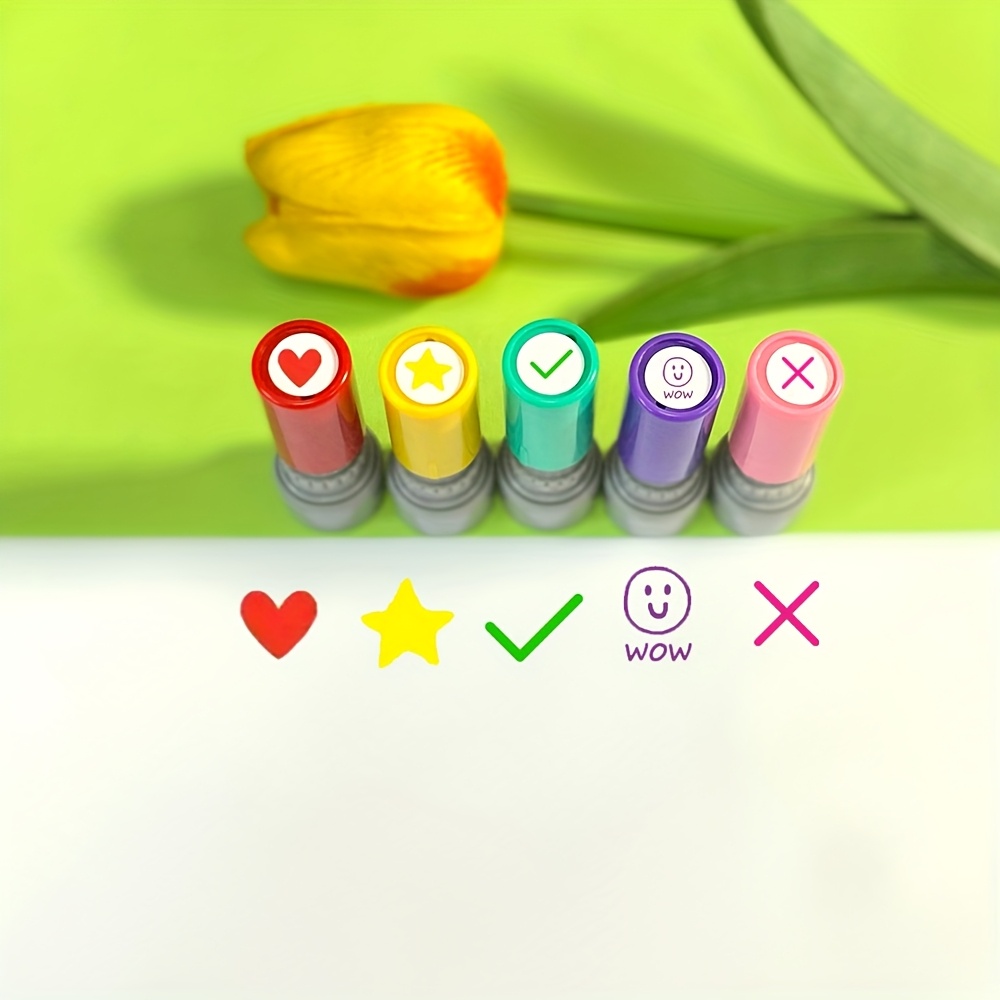 5pcs Reward Stamp Set For Teachers: Grading, Performance Checkmarks, , Faces, , Encouragement, And Praise Teaching Stamps