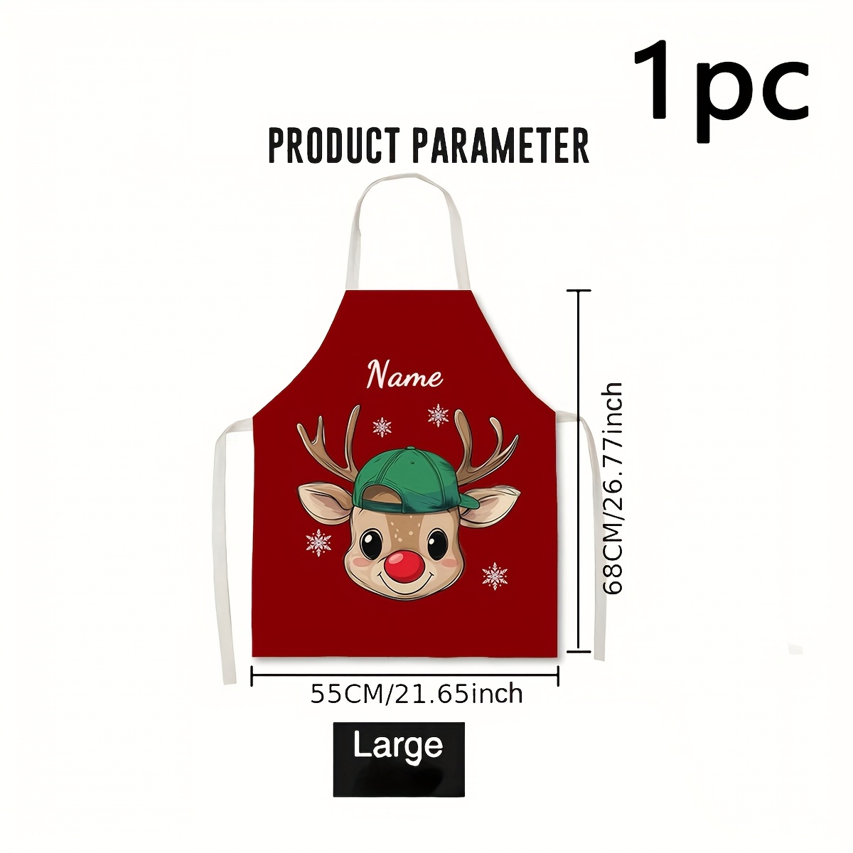 TEMU 1pc Customizable Name Christmas Cartoon Reindeer Print Apron, Polyester Material, For Painting, Handicrafts, Cooking, Baking, Gardening, Waiter