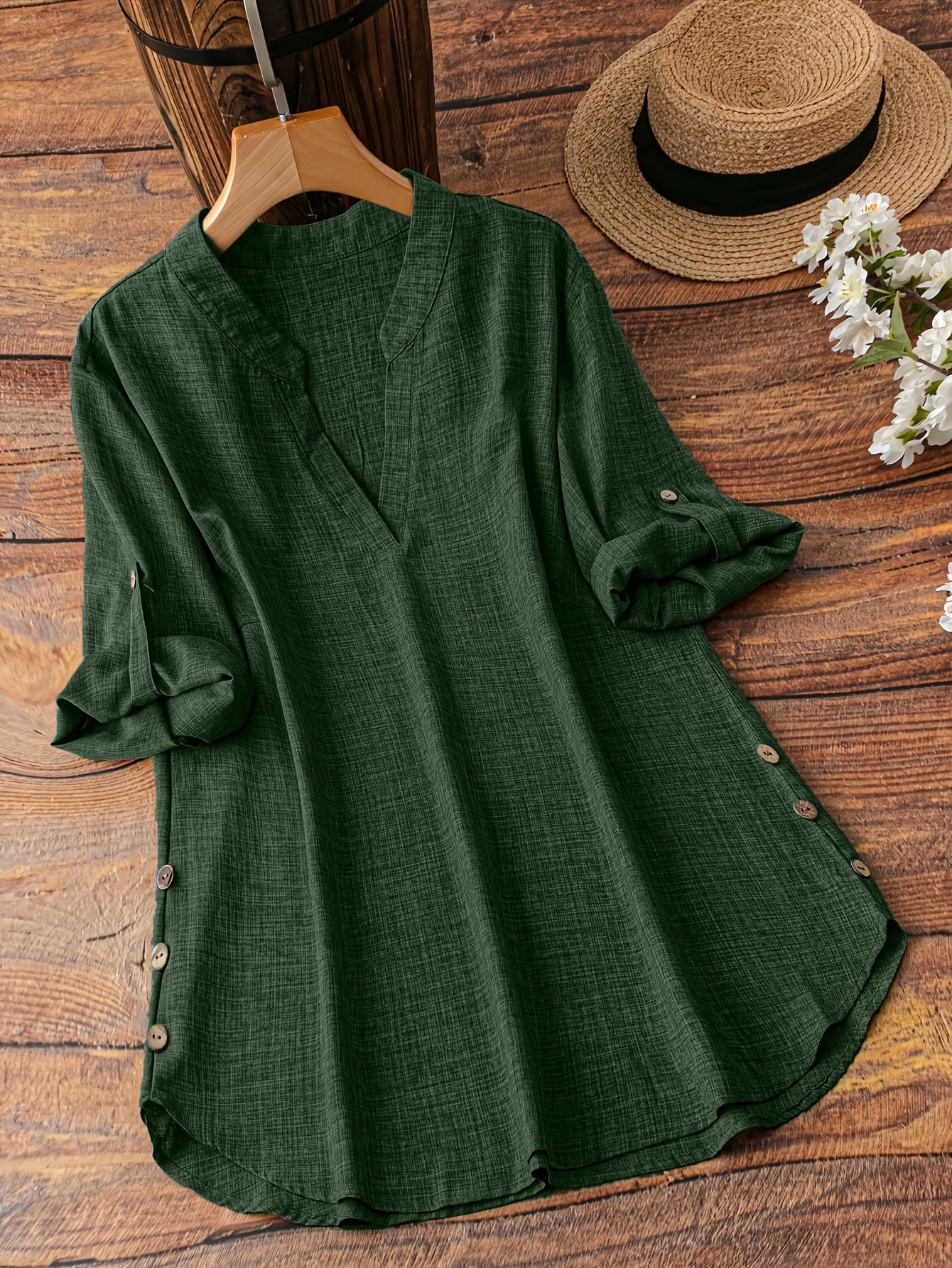 Plus Size Women's New Shirt in Minimalist Style with V-Neck and Long Sleeves, Faux Button Design