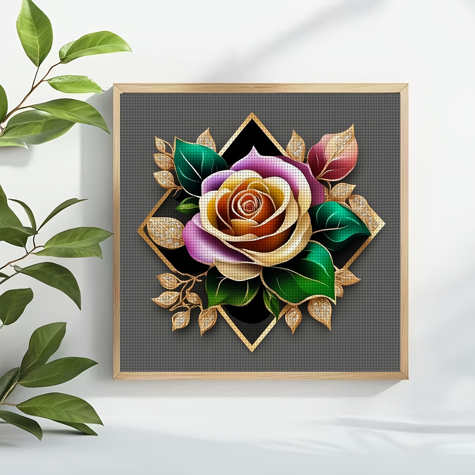 Frameless Cross Stitch Kit, Colorful Rose Jewelry Floral Pattern