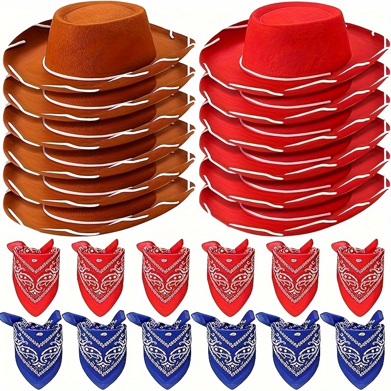 24pcs Set of Party Denim Hats, Featuring a Brown Denim Hat with a String And a Red And Pink Scarf.