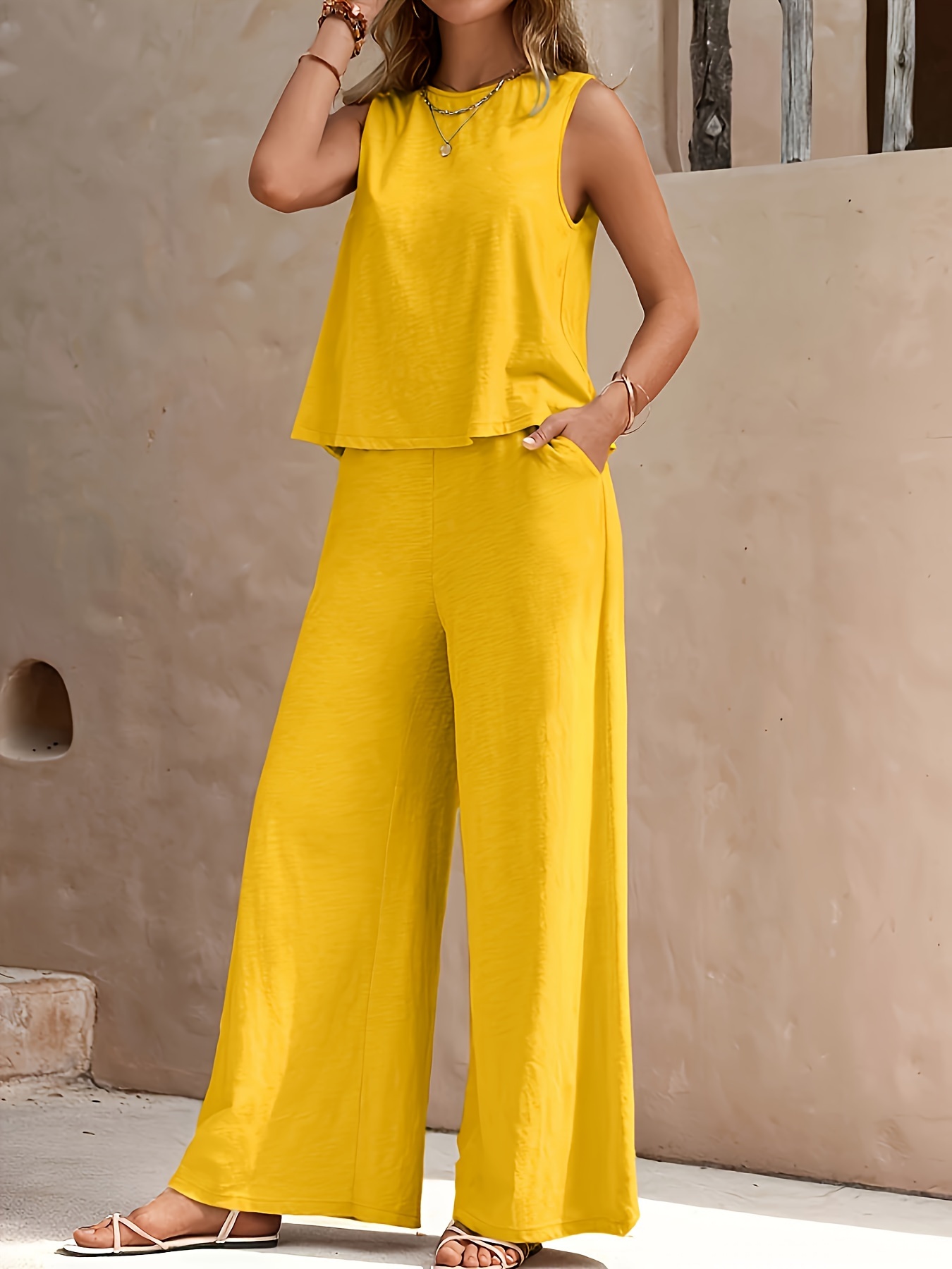 Solid Elegant Two-piece Set, Sleeveless Tank Top & Wide Leg Loose Pants Outfits, Women's Clothing