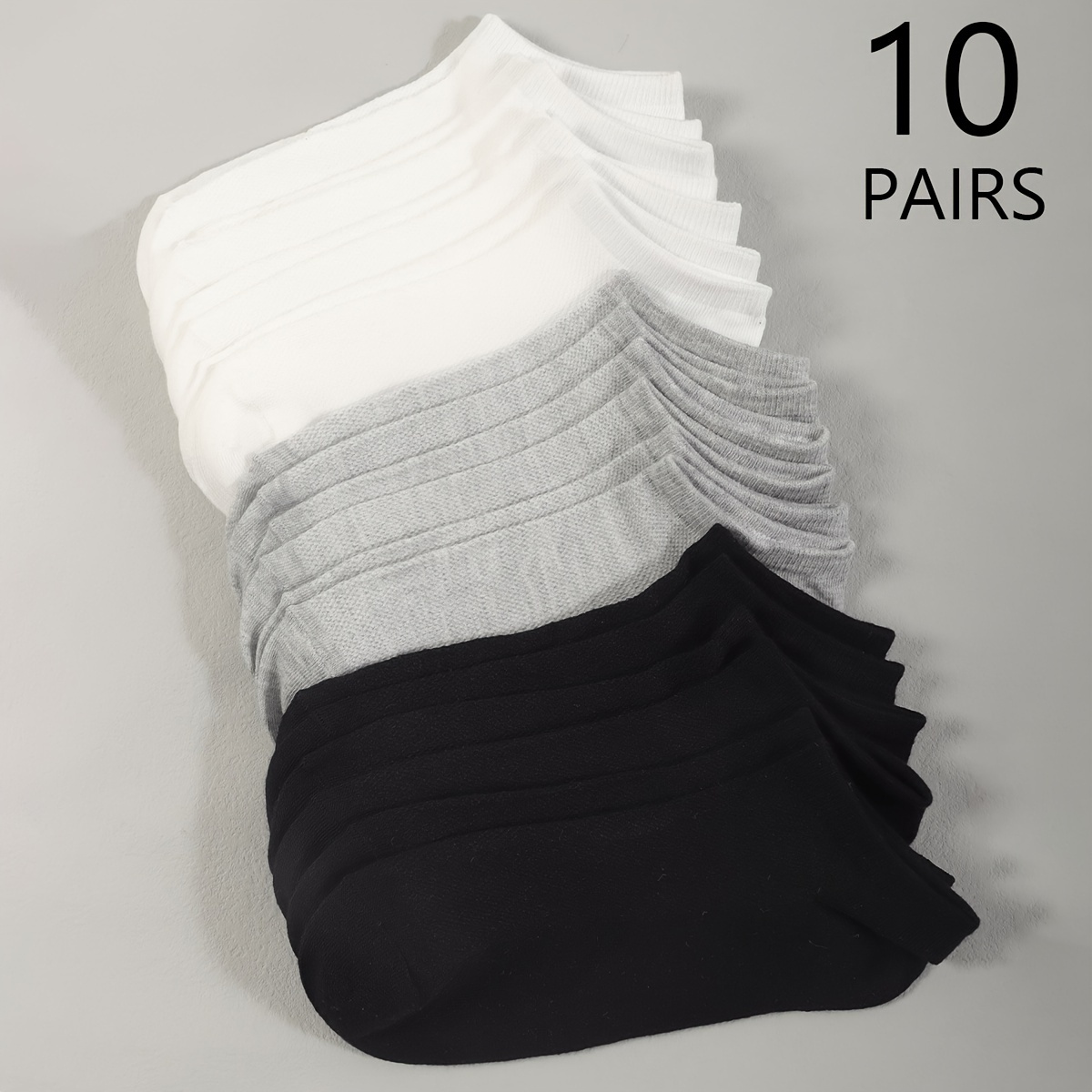 

Lot de 10 paires de socquettes courtes pour femmes - Tissu en polyamide respirant, couleur unie, mélange polyester et élasthanne, lavables à - Noir, blanc,