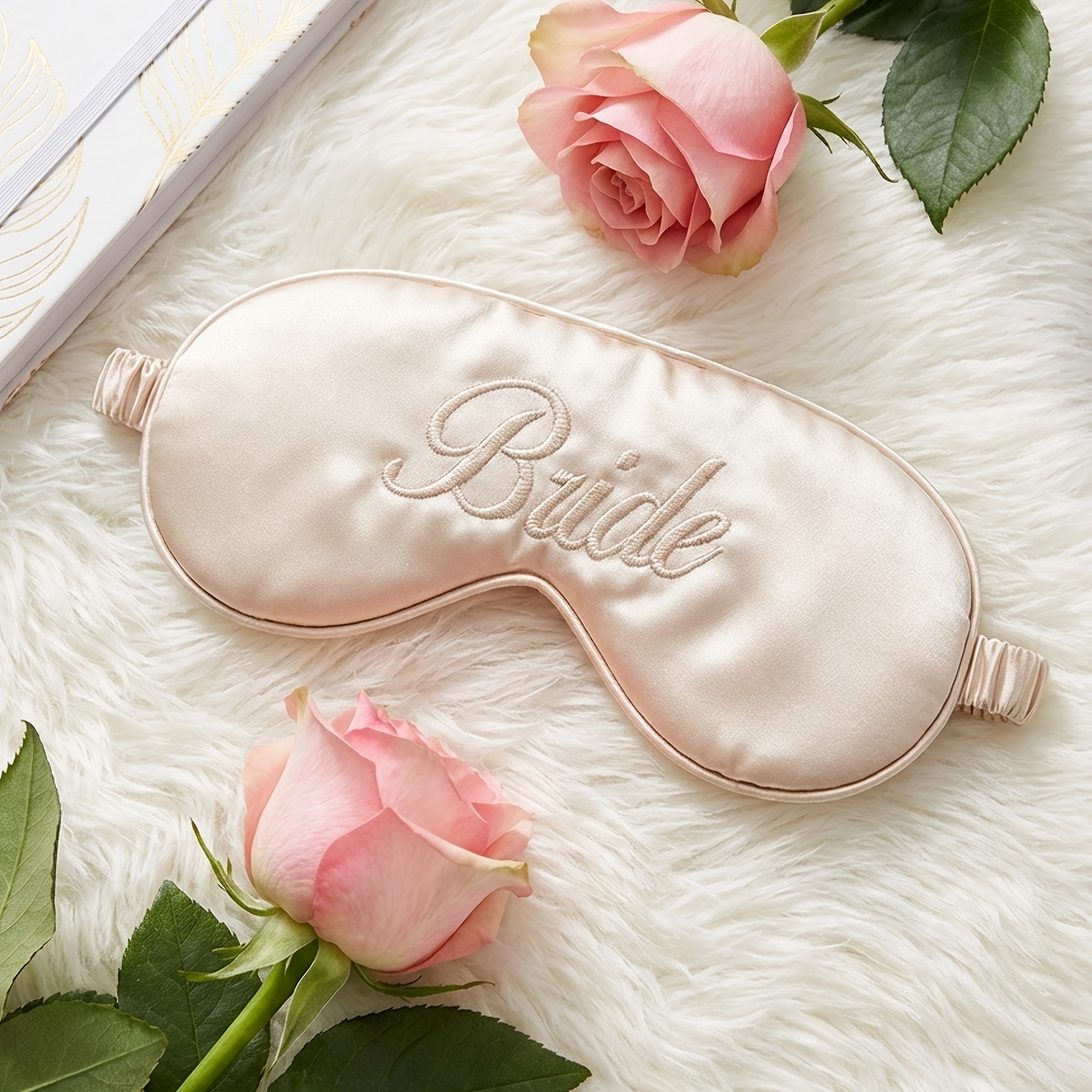 Image of 1pc Bride Embroidered Eye Mask | Soft Cozy Sleeping Eye Cover, Light Blocking Blindfold, In White, Pink, Silvery - Ideal For Bridal Shower, Honeymoon, Wedding Day, Bachelorette Party