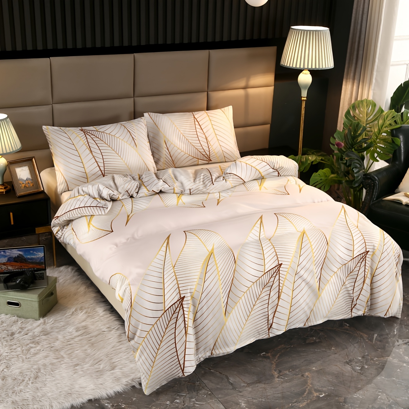 

3pcs, Fashionable Print Bedding, Hot Stamping Plant Print, Machine Washable, Soft And Lightweight, Suitable For Bedroom, 1 Quilt Cover, 2 Pillowcases, Without Filling