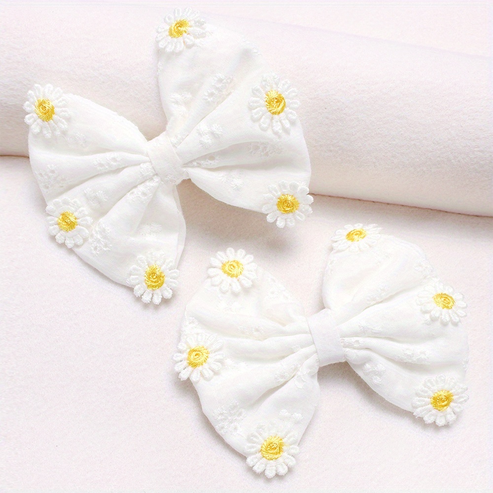 Image of 2pcs Daisy Design Bow Hair Clips Minimalist Fabric Polyester Barrettes Hair Additions For Daily Styling Or Special Occasions Perfect For Vacation And