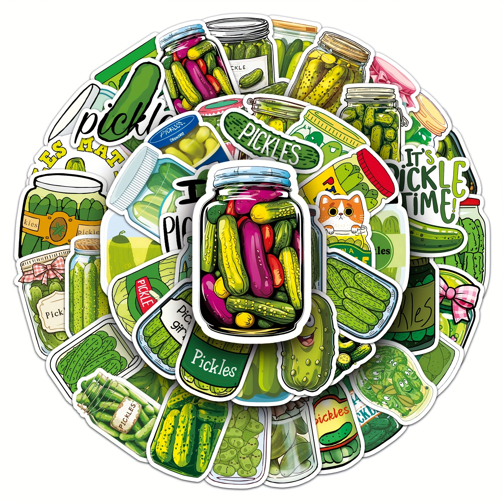 Image of 50pcs Pickles Stickers | Aesthetics For Scrapbooking, Diary, Laptop, Bumper, Skateboard, Water Bottle, Computer, Phone | Cartoon Theme, Self, Glossy Finish, Single Use