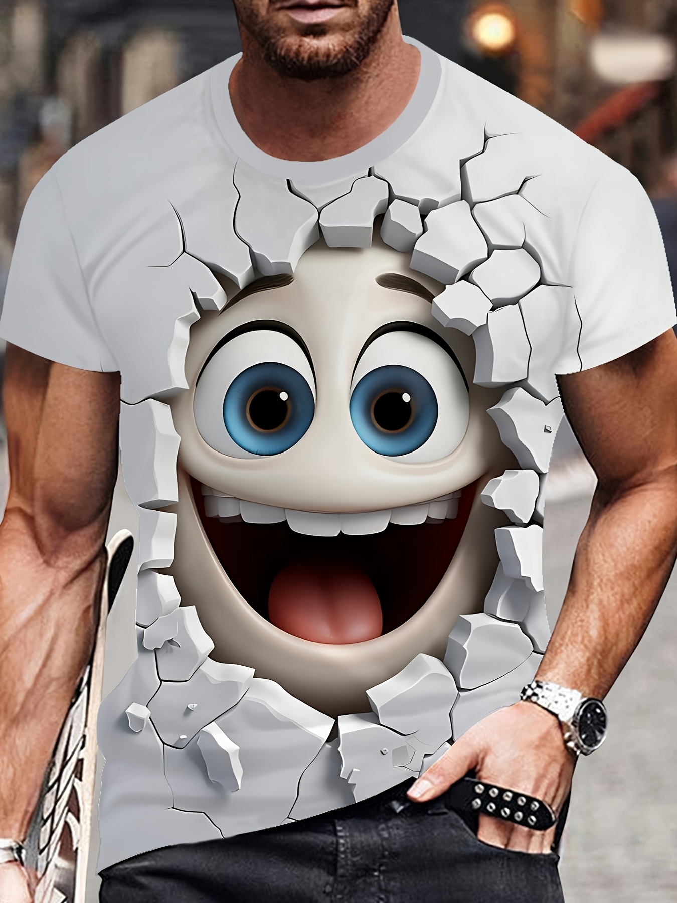 Men's 3D Printed Novelty T-Shirt - Stretchy, Comfortable Casual Tee for Outdoor Activities, Round Neck, Machine Washable