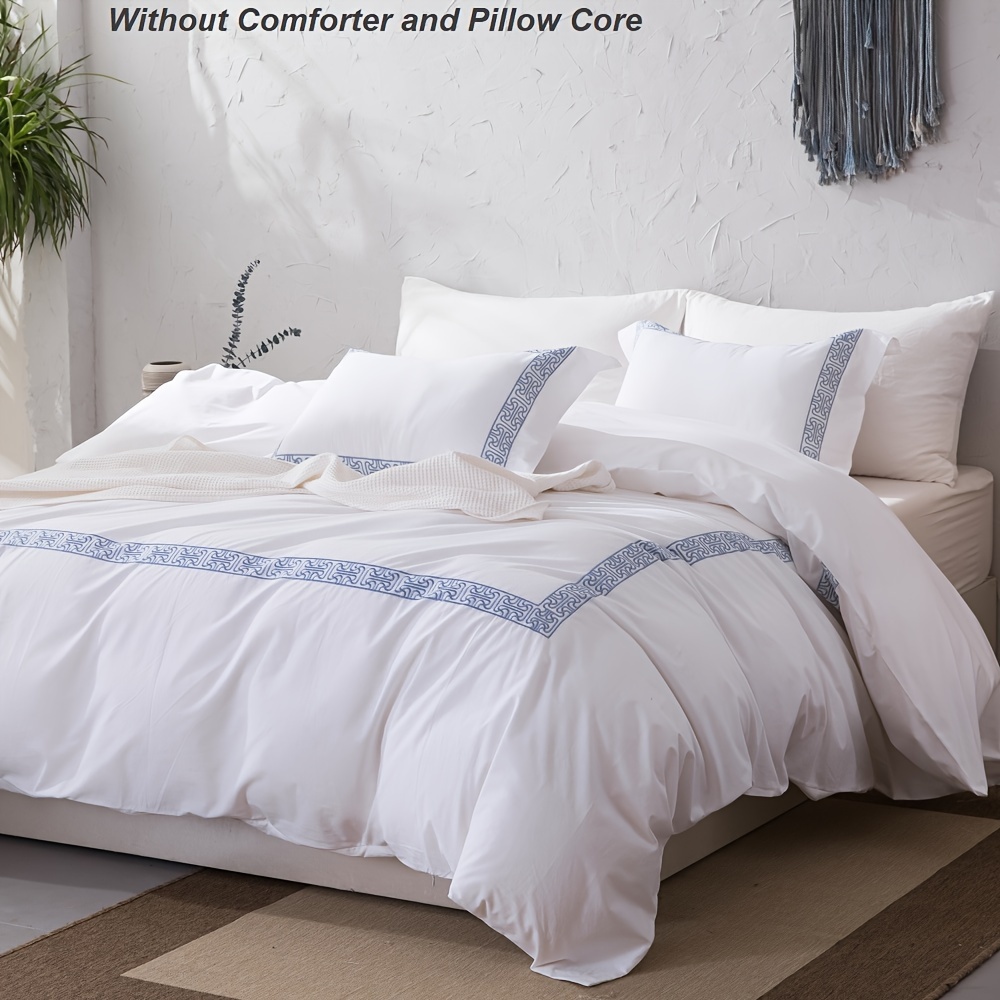 

1set- 200 Cotton Duvet Cover Set With Geo Embroidery , Hidden Zipper Closure, Hidden Corner Ties