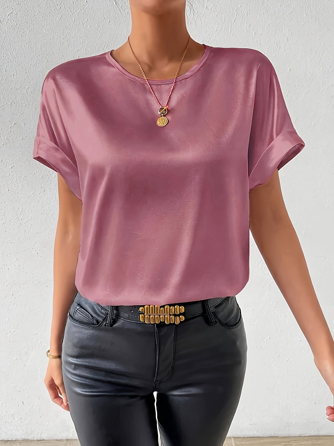 Women'S Plus Size Light Blue Woven Blouse - Elegant Short Sleeve Crew Neck, Solid Color, Non-Stretch Fabric, Perfect for Summer, Casual Summer Wear|Sleek Fitted Look|Nonstretch Material, Plus Size Blouses