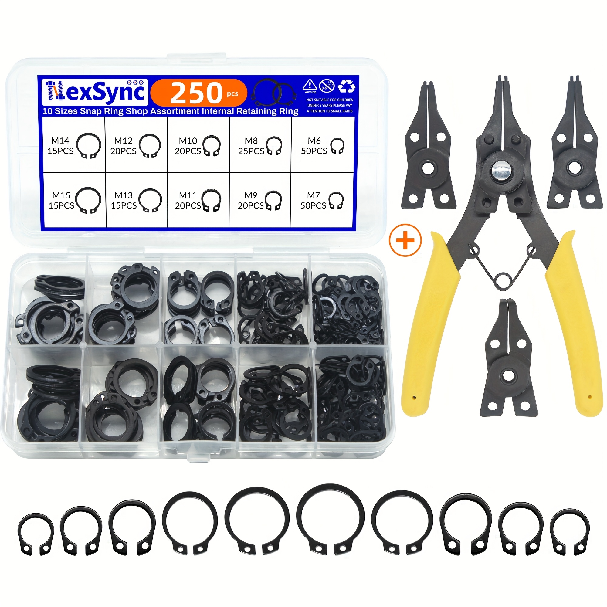 E-shop 250/251 Stück 10 Größen Externe Sicherungsringe-Set aus Kohlenstoffstahl M6-M15mm Scheibensatz für mit Zange