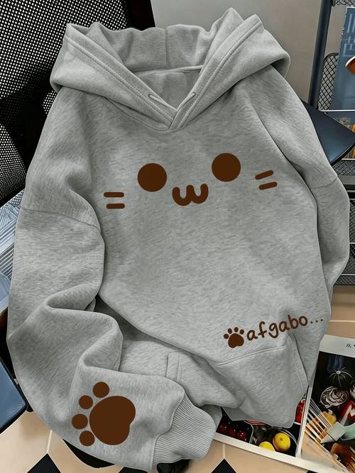 item picture autumn and winter apparel cartoon kitten face pullover hooded sweatshirt with cat paw cuff and letter print pocket casual long sleeve top loose oversized girly hoodie with pocket versatile top daily commuting