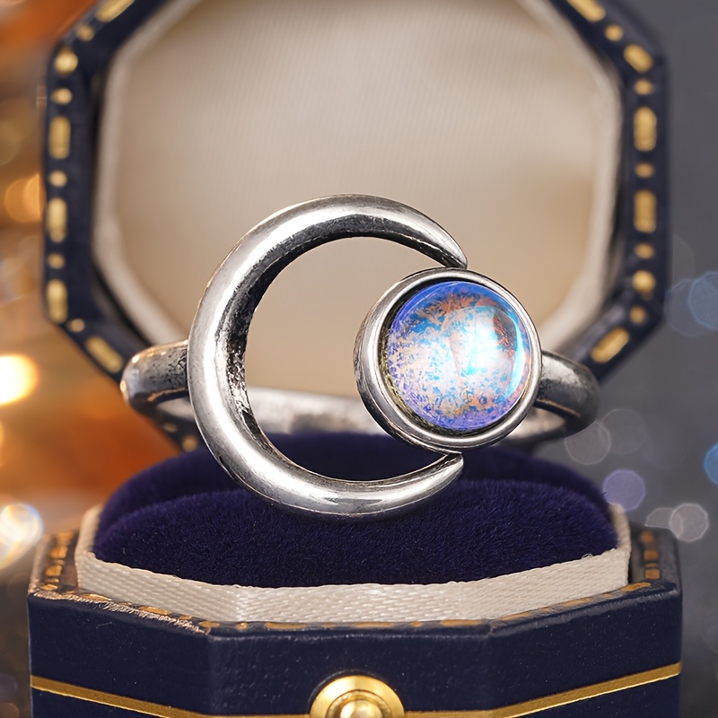 Vintage Bohemian Adjustable Crescent Moon Ring with Moonstone Inlay