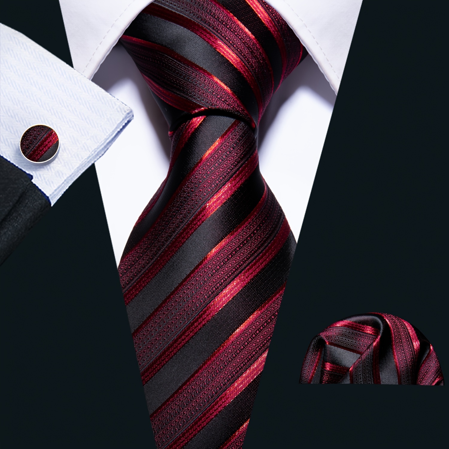 

3pcs/set Men's Silk Classic Striped Necktie With Hanky And Cufflinks For Business & Wedding, Father's Day Gift
