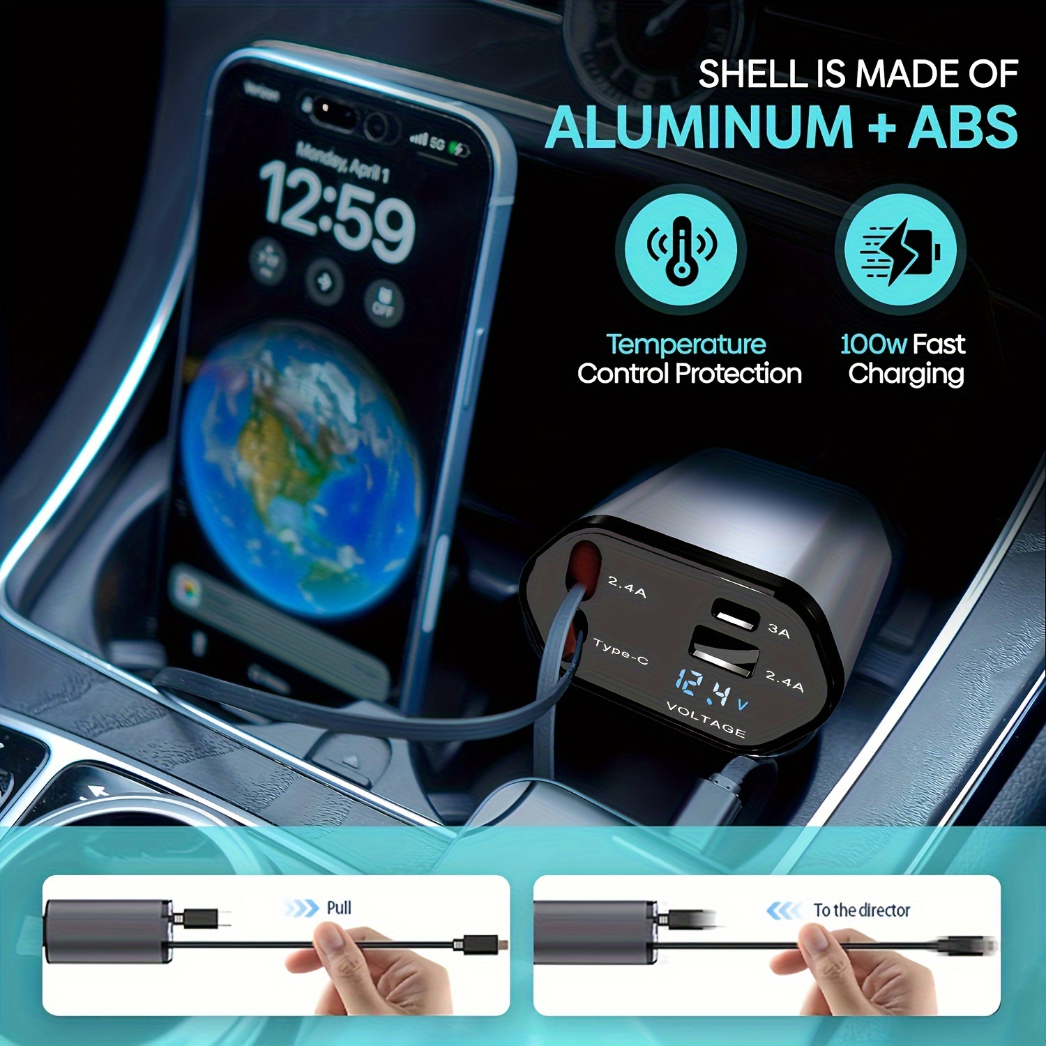 

Ultra-fast , 4-in-1 Retractable Car Phone Charger 60w, Retractable Cable For And Usb , Compatible With 15/14/13/12/11, Galaxy, Pixel - For Ios And Android