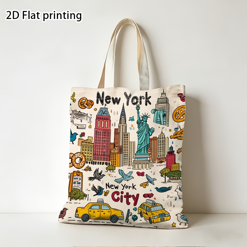 TEMU Borsa tote piatta 2D, 1 pezzo, Borsa tote 2D piatta con cartone animato City, Stampe duplex Vivace di NYC Statua della , Perfetta per spese di ,