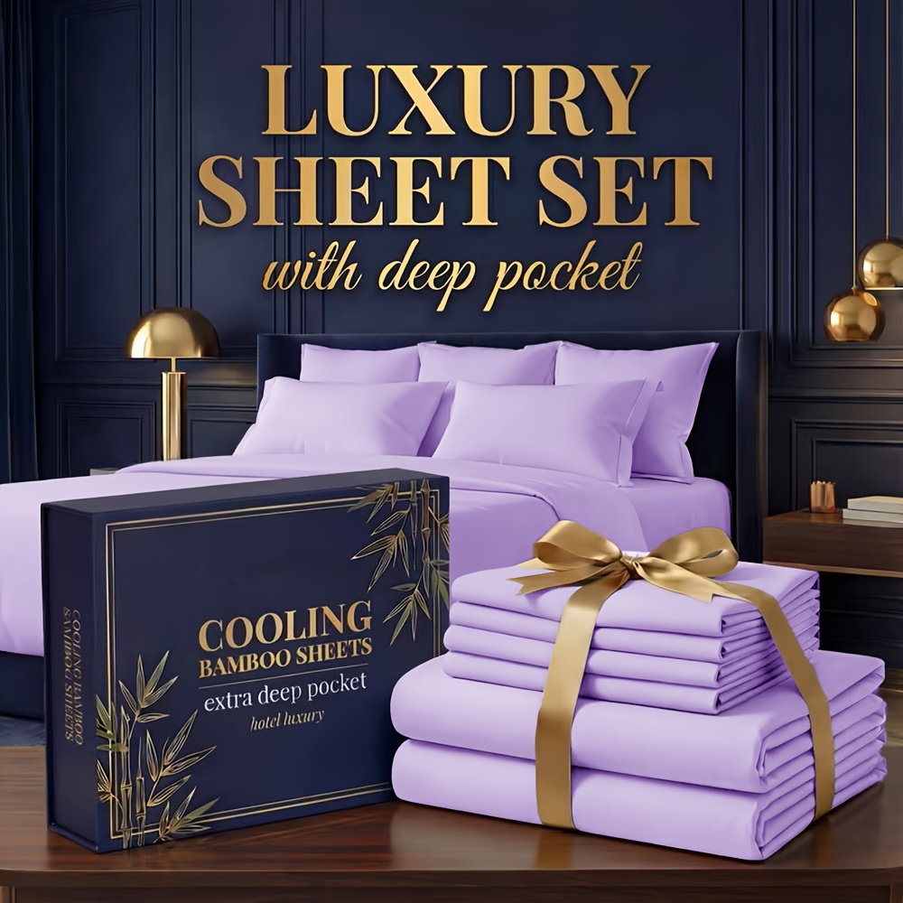 TEMU 4pcs Bamboo Cooling Bed Sheets Set - 2000tc Soft Summer/winter Bedding With Deep Pocket Fitted Sheet, Flat Sheet & Pillowcases - Kids Bedroom