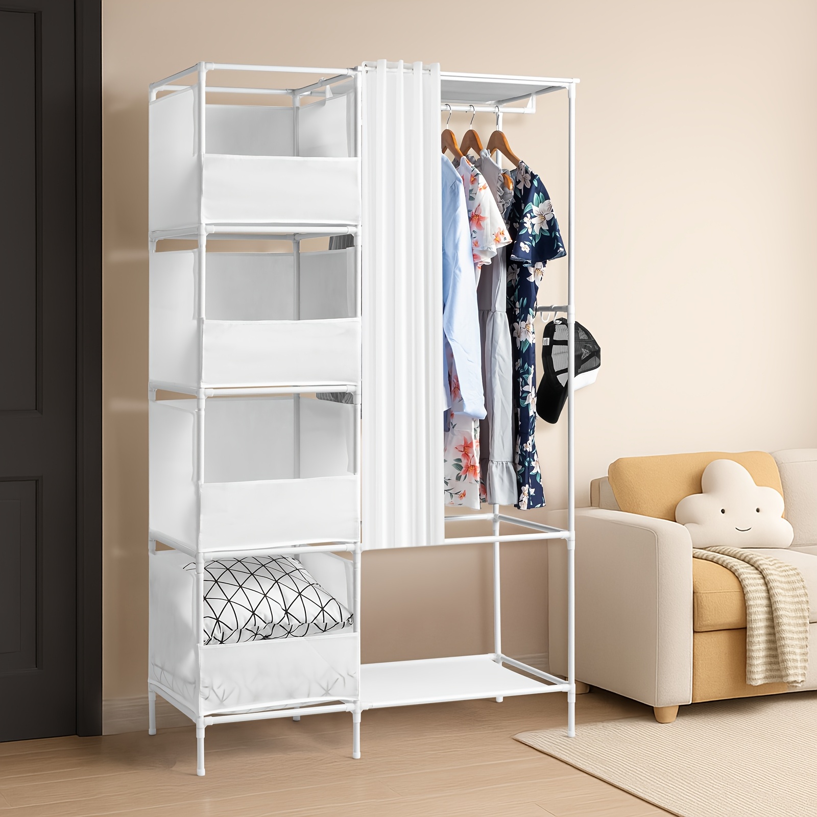 Image of Portable Wardrobe With 4 Drawers, 4 Shelves And 3 Hanging Rods, Tall Sweater Organizer, Sturdy Freestanding Bedroom Wardrobe Organizer, White, Portable Closets