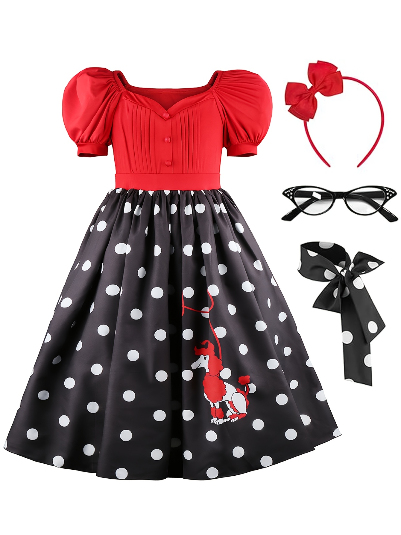 vintage 1950s poodle dress girls red black polka dot party Temu