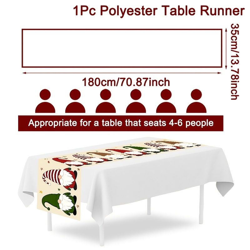 TEMU 1pc Christmas Gnome Table Runner, 180*35cm Polyester Vintage Beige Table With Mixed Color Gnome Designs, Suitable For Home Kitchen Dining Table