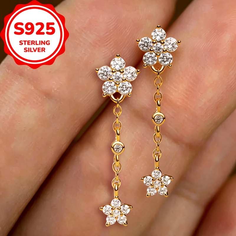Women's S925 Silver Floral Tassel Stud Earrings, Exquisite Design