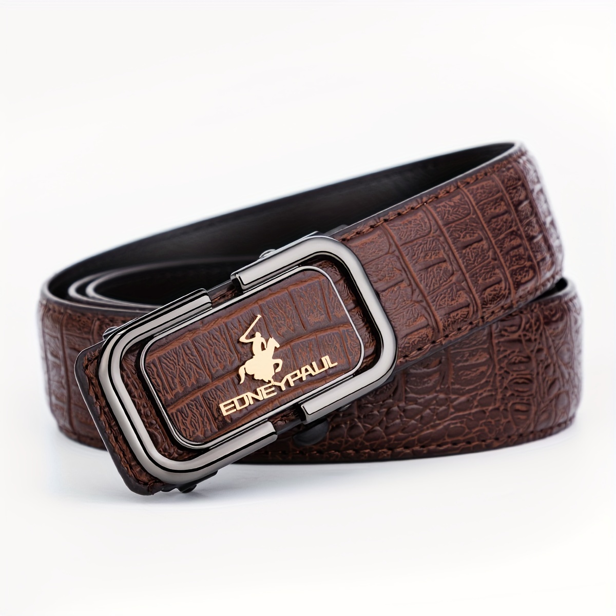 TEMU Edney 's Leather Belt With Automatic Buckle - Black, Business Style, Non-washable, With Silver-tone Alloy Buckle And Textured Design