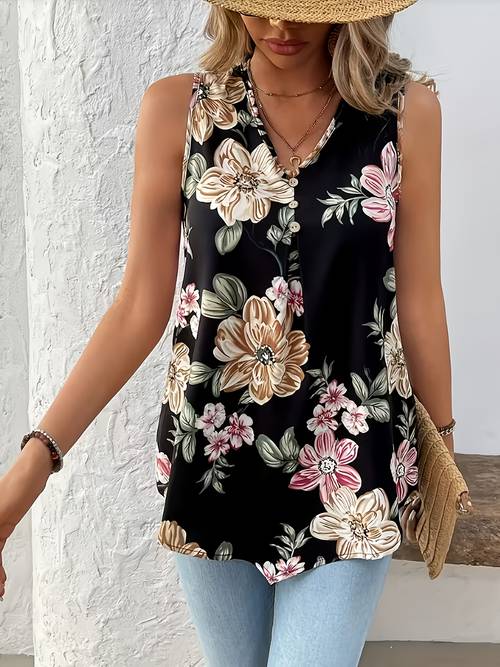 womens floral print v neck shirt casual sleeveless button detail loose top spring summer womens clothing