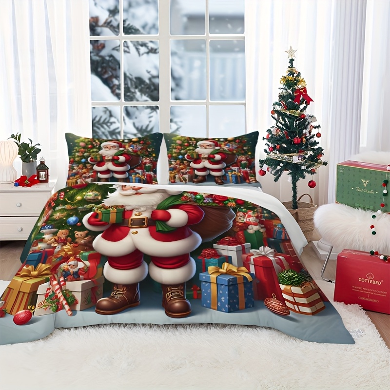 TEMU Juego de nórdica navideña de 3 piezas, nórdica y fundas de almohada con estampado de Papá Noel y árbol de regalos, fibra de poliéster