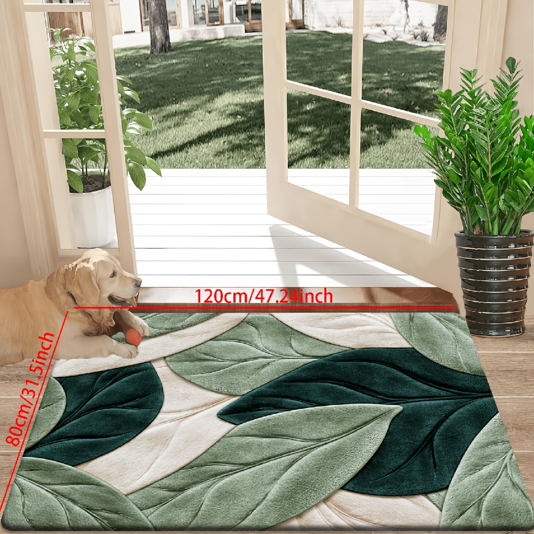 TEMU [ Product] [flannel And 1cm Thick Sponge Material] Fun Door Mat | Green Leaf Pattern Printed Mat, Suitable For Bedroom, Kitchen, Dining Room,