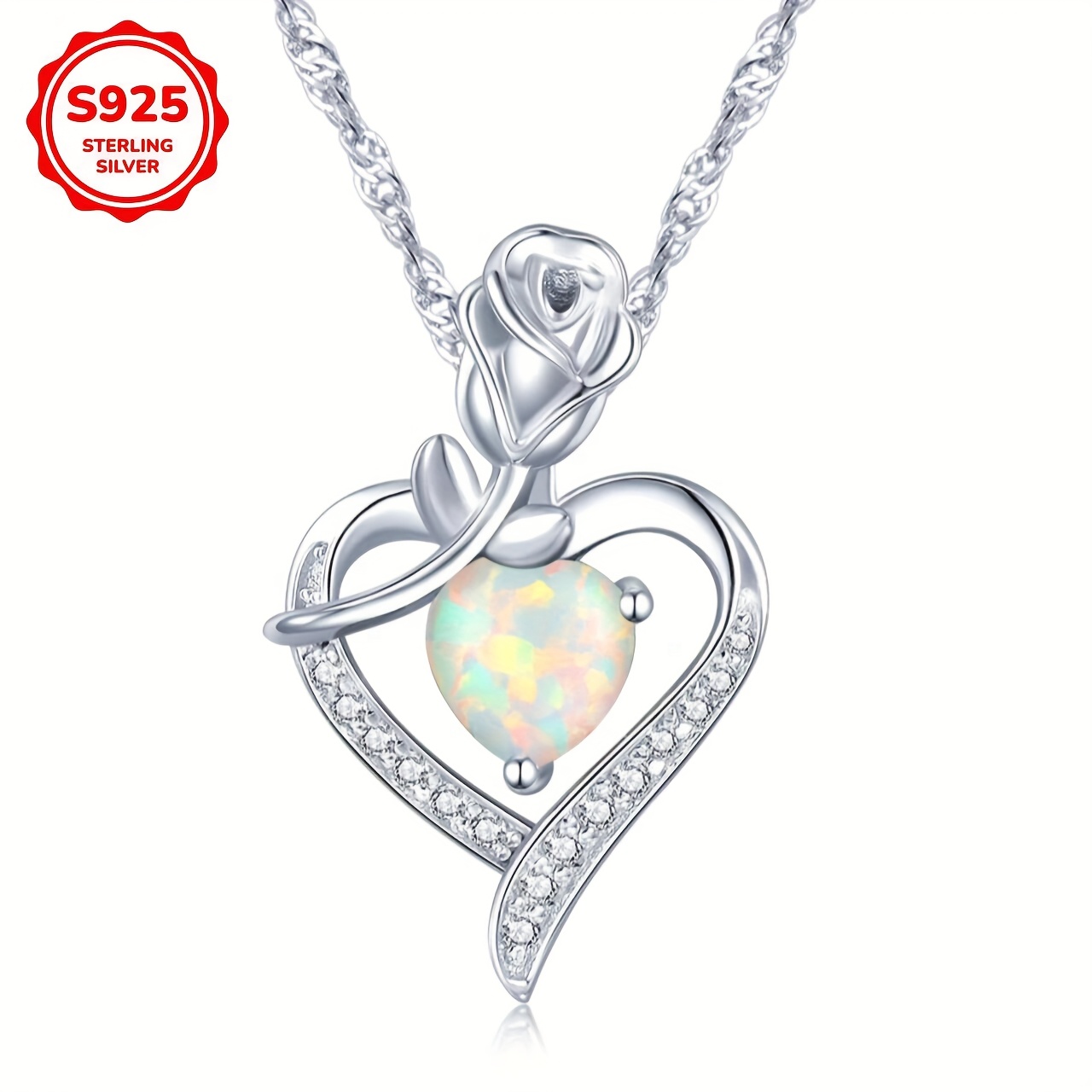 S925 Heart Pendant Necklace Opal CZ Girlfriend Gift