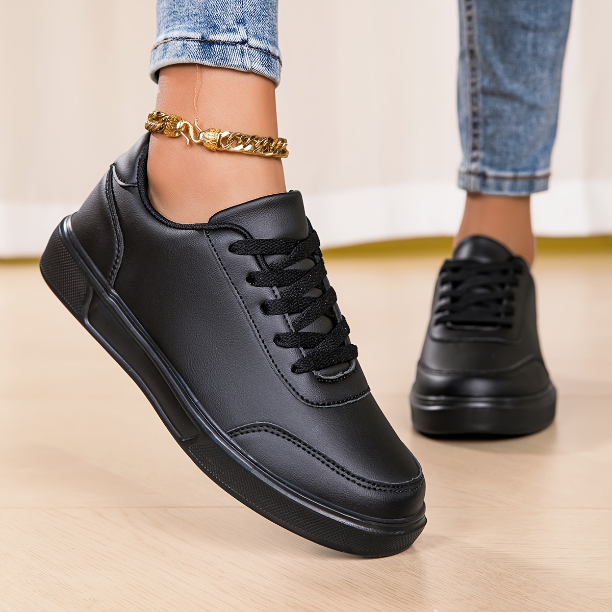 womens black low top casual sneakers lightweight lace round Temu