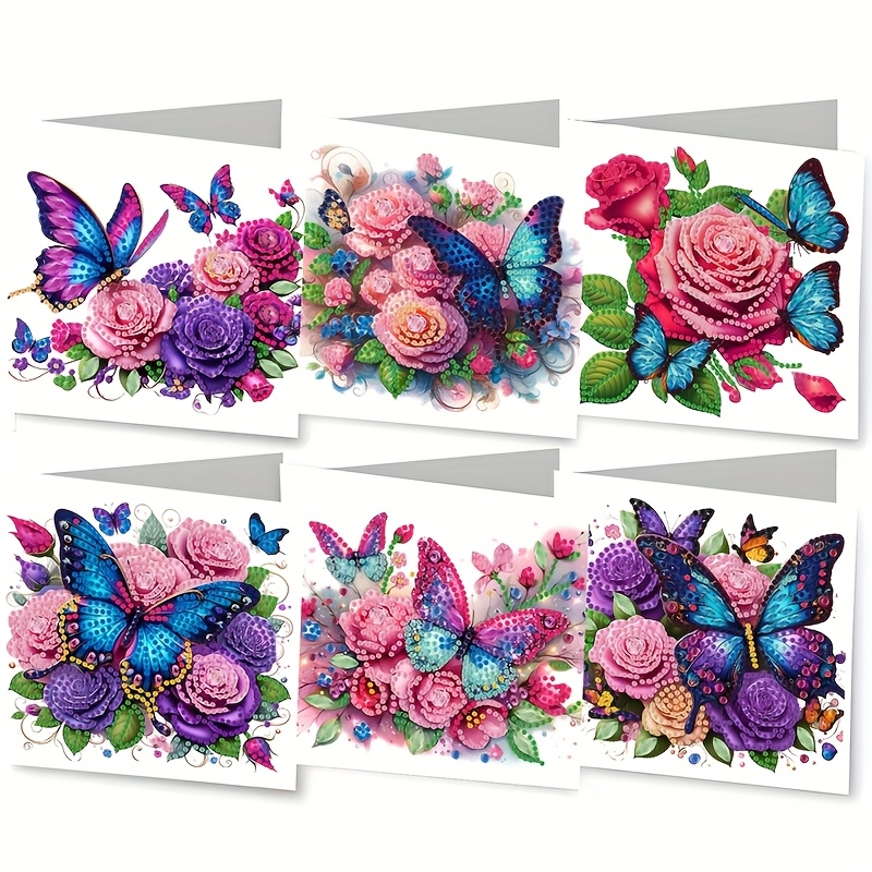 

6pcs Floral Diamond Painting Greeting Cards Set, Diy Craft Paper Cards For Christmas, Birthday, Thanksgiving