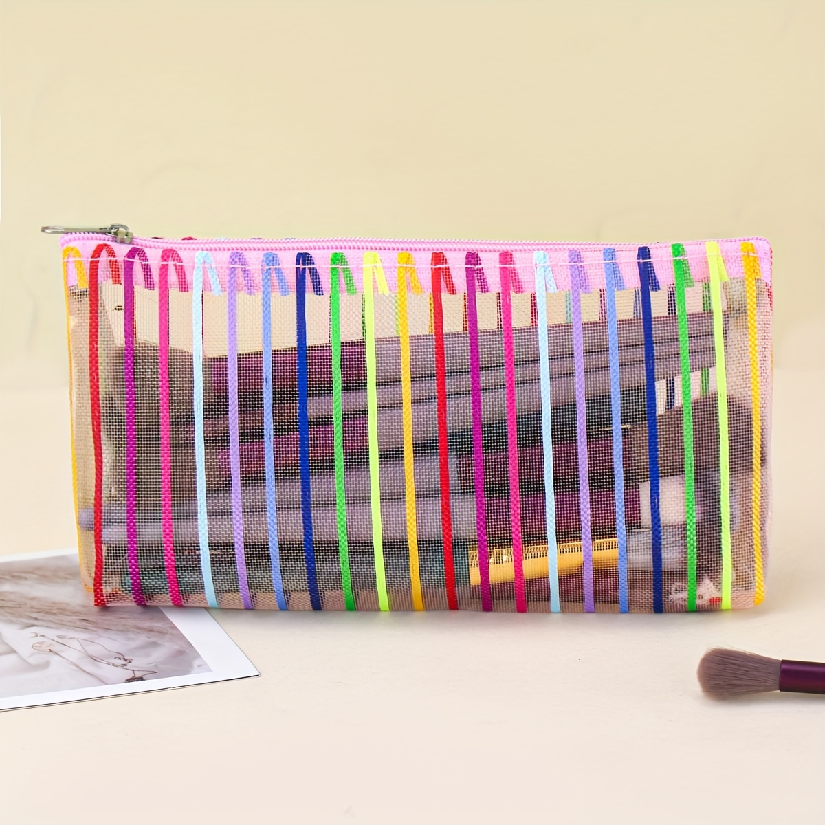 

Minimalist And Stylish Mesh Makeup Bag With Colorful Stripes, Transparent Storage Bag For Makeup Brushes And Lipstick