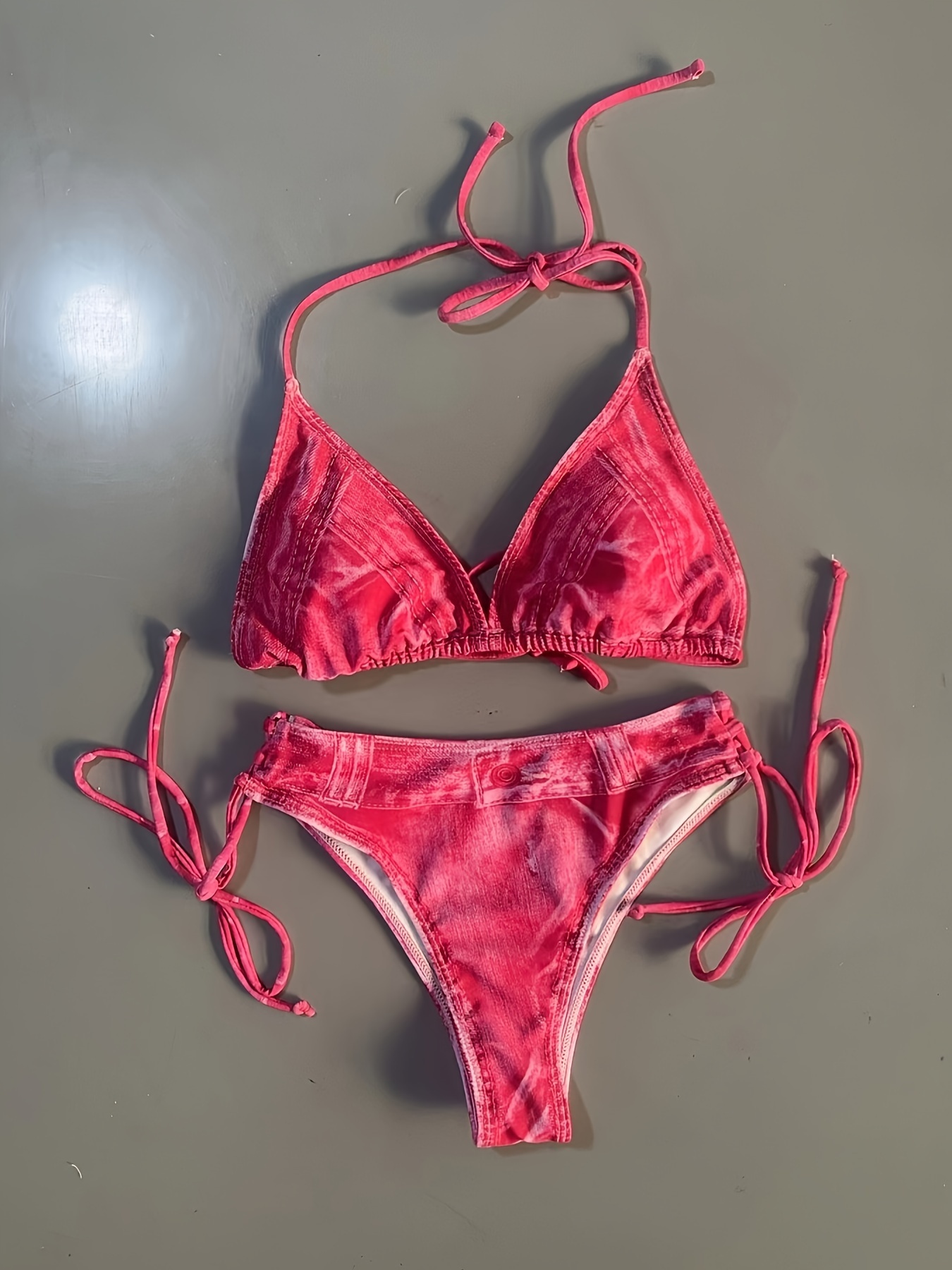 Faux Denim Print Triangle 2 Piece Set Bikini, Tie Strap Halter Backless Swimsuits, Women's Swimwear & Clothing