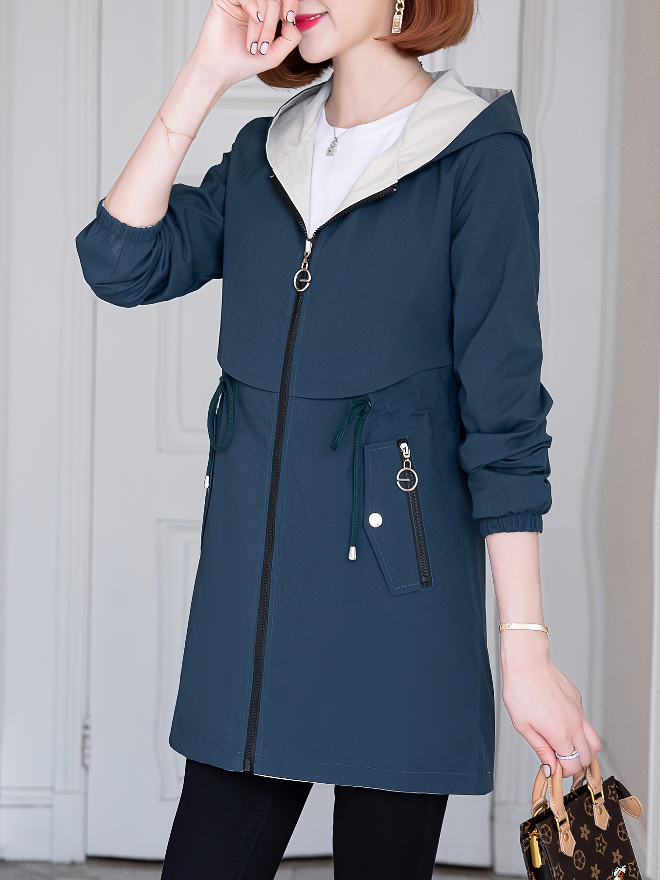 Chaqueta casual de inspiración coreana para mujer, doble cara, midi, con cintura ajustable, cierre de cremallera y forro de contraste, color sólido, abrigo para primavera/otoño, chaqueta rompevientos, atuendo casual, estilo de moda coreana, diseño de cintura entallada - Imagen 2