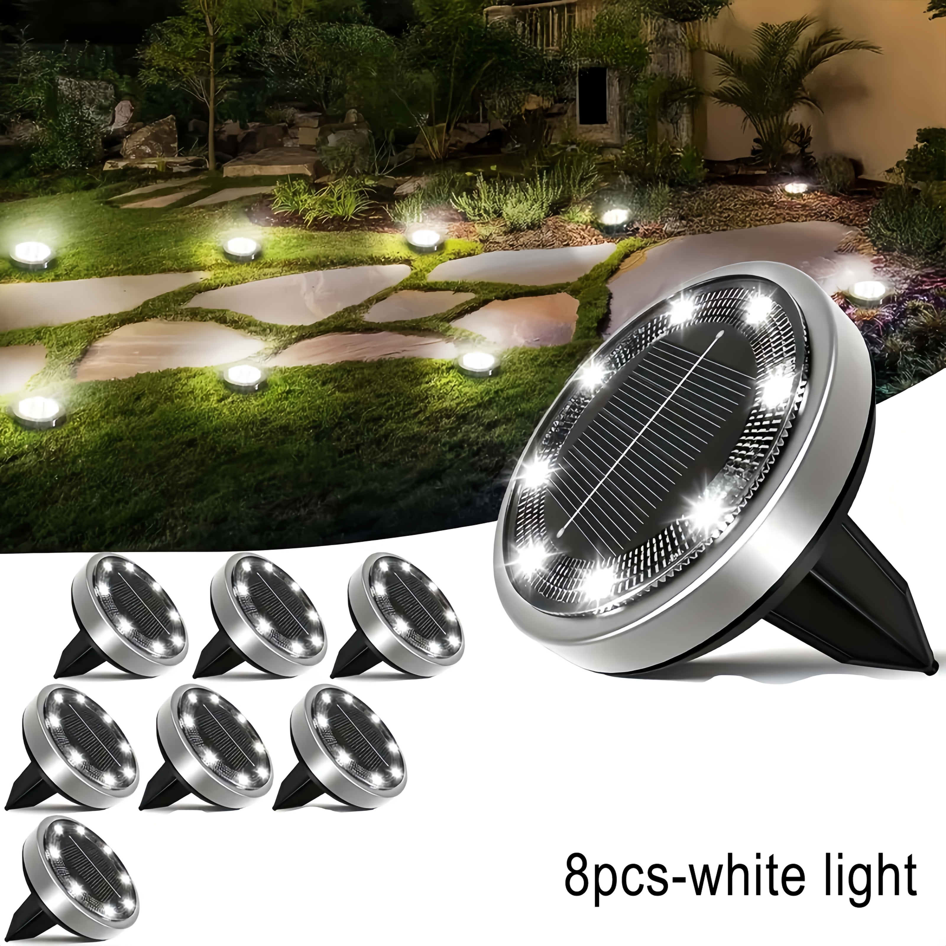 Image of 4/8-pcs Solar Ground Lights, Brightness And Durability, Suitable For Lawn, Park And Poolside Installations. Ip44-rated, Aesthetically And Practical, Warm White Light