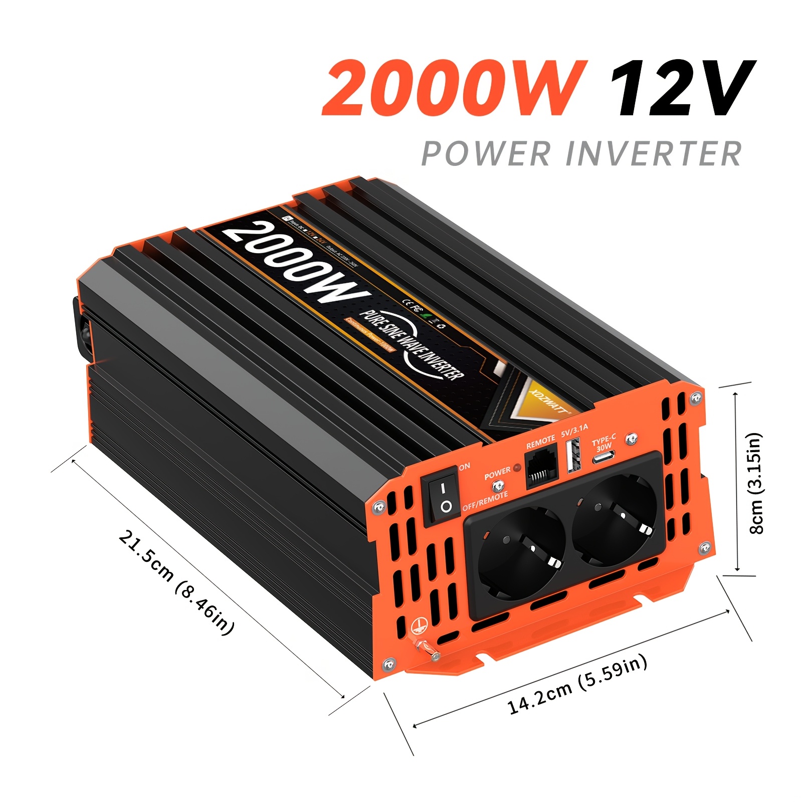 Image of 1000w/2000w Pure Sine Inverter 12v To 230v Ac With Lcd Display Remote Control, Ac Outlet, 5v 3.1a & 30w Type-c Usb Port, Suitable For Outdoor Travel And Camping, Interior Accessories, Without Battery
