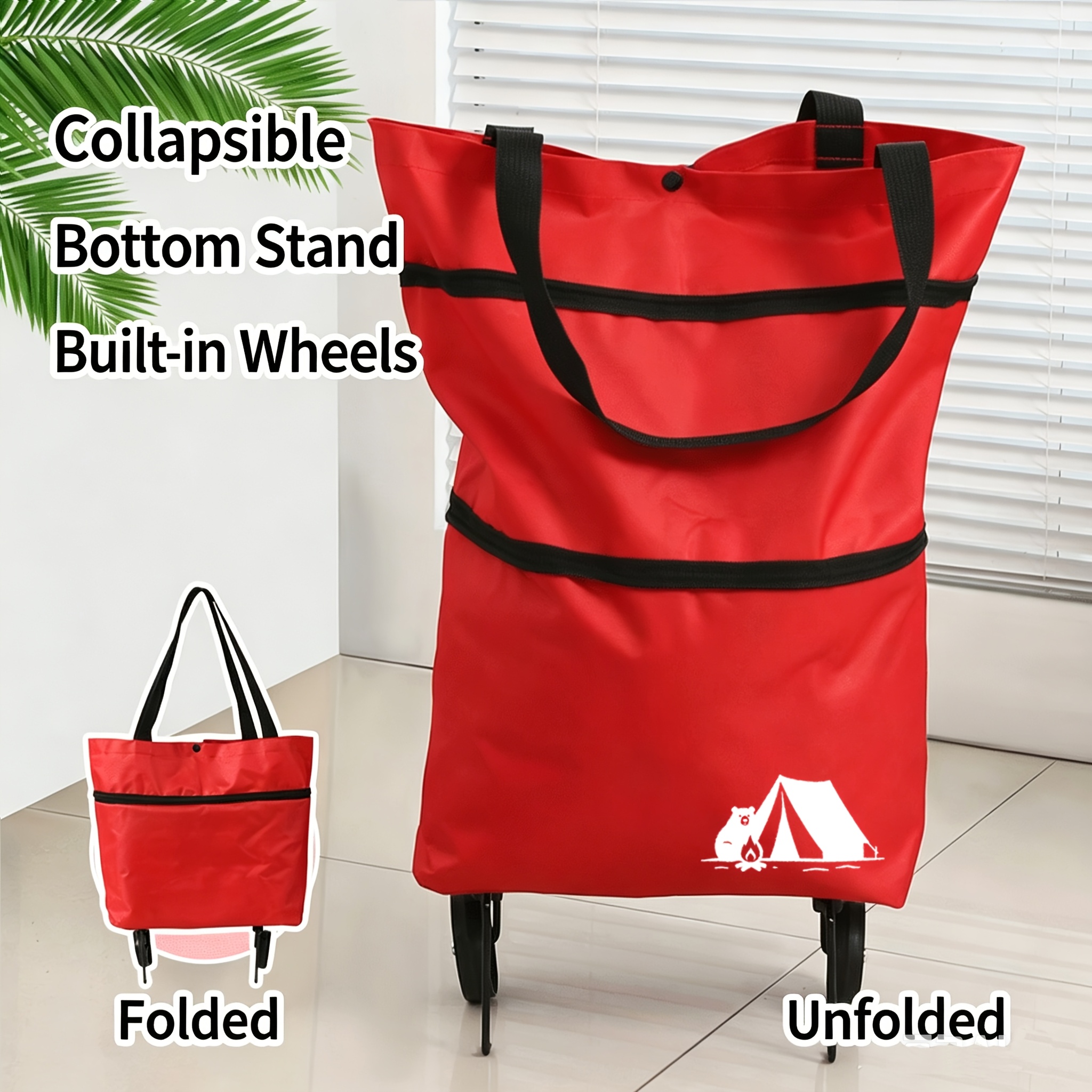 TEMU Portable Folding Oxford Cloth Shopping Bag With Small Pull Cart, Foldable Shopping Trolley, Lightweight With Wheels