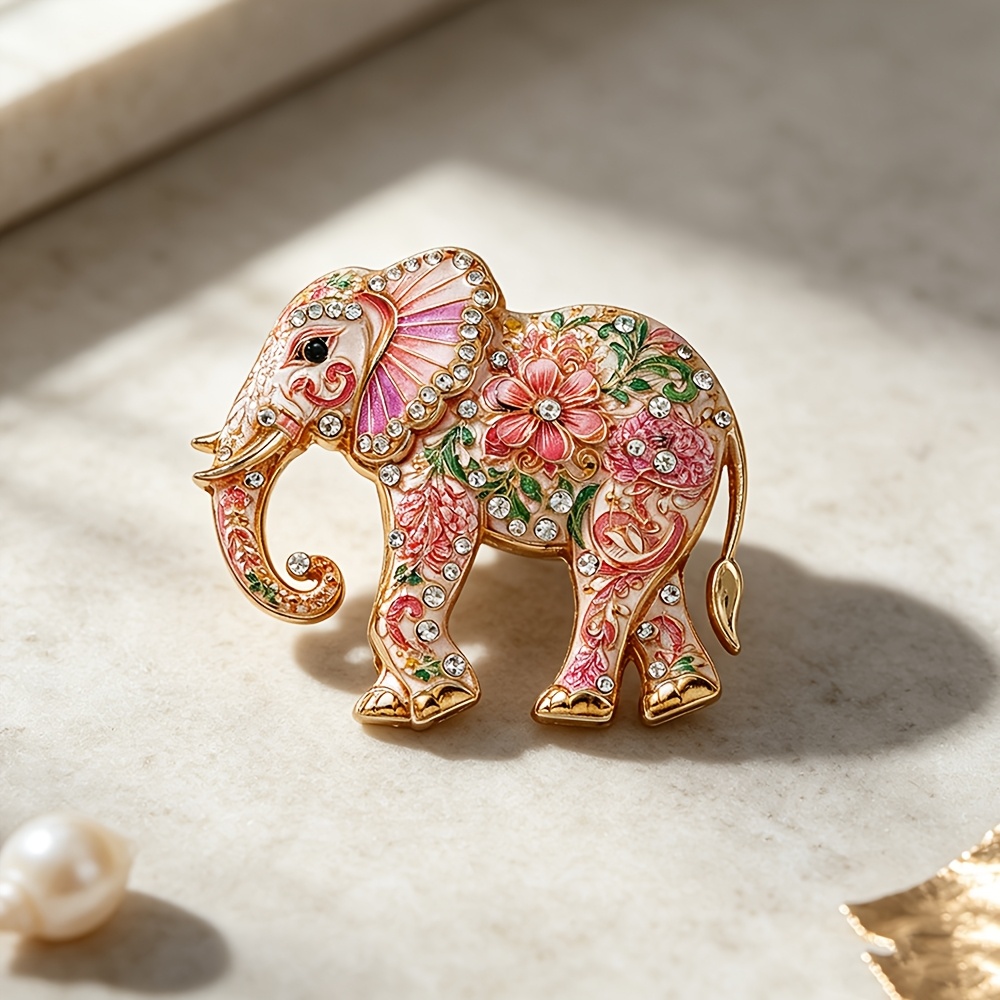 TEMU 1pc Vintage Gradient Floral Rhinestone-encrusted Elephant Enamel Brooch, Gentle Pastoral Style, Cheongsam And Suit Pin, Daily And Holiday Wear