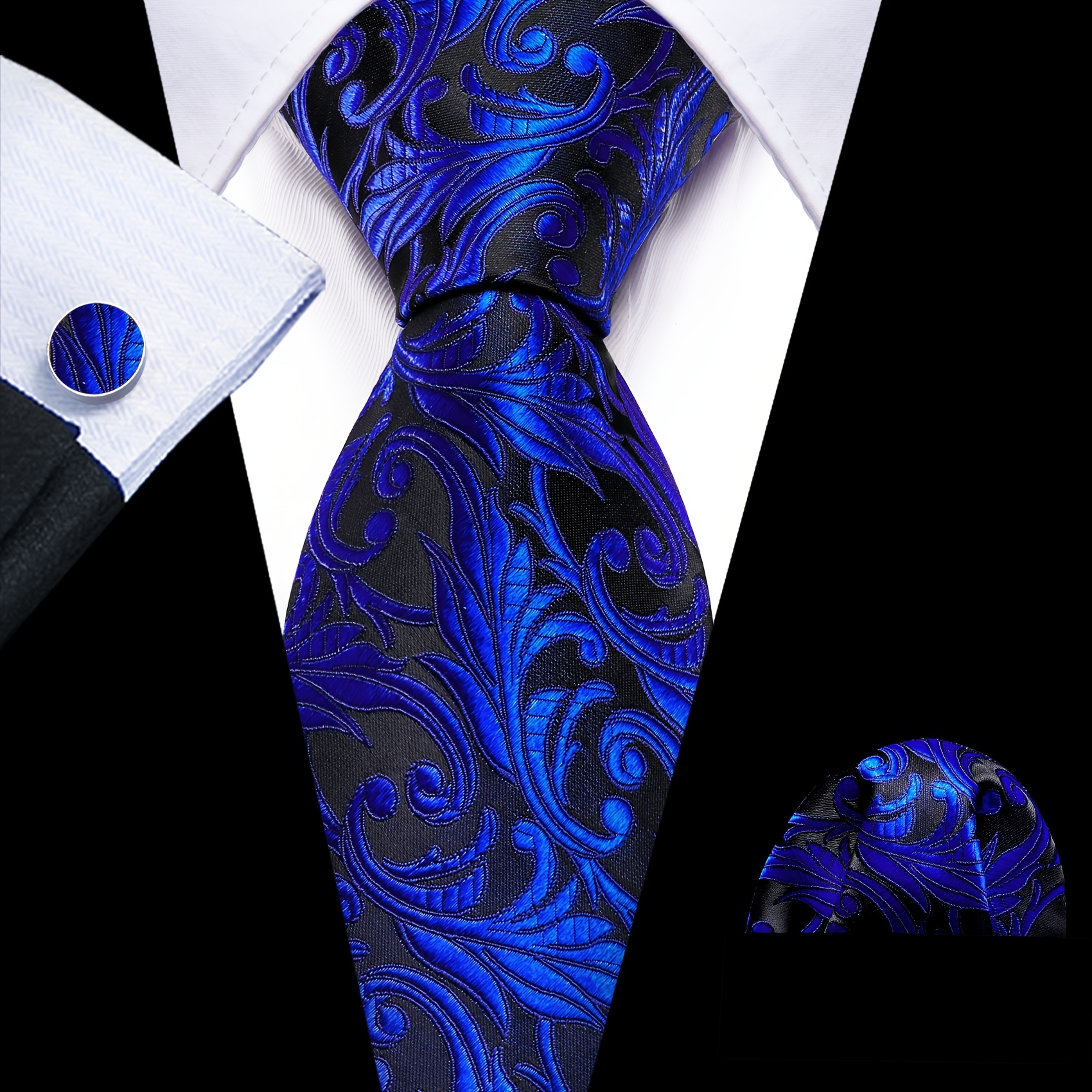 Image of Men's Royal Blue Necktie With Matching Pocket Square & Cufflinks | Solid Color Business Dress Accessory, Elegant Formal Party Wedding Suit Tie For Professional Attire - , Woven Fabric