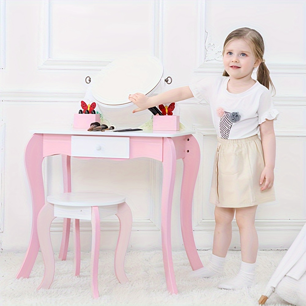 Kids Vanity Set - Princess Deluxe Vanity Table Set 2-in-1 Wooden Writing Desk & Stool, Mirror & Drawer, Perfect for Kids' Pretend Play, Developing Creativity And Fine Motor Skills, Durable Construction, Easy to Assemble, Best for Girls Christmas Gift